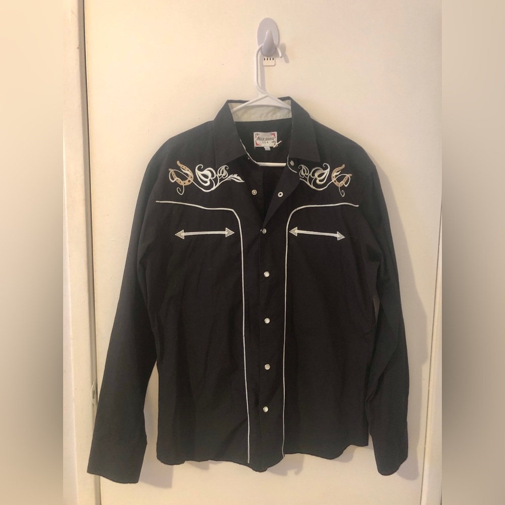 Ace of Diamonds Men's Black Western Embroidered Button-Down Shirt Cowboy Rodeo L